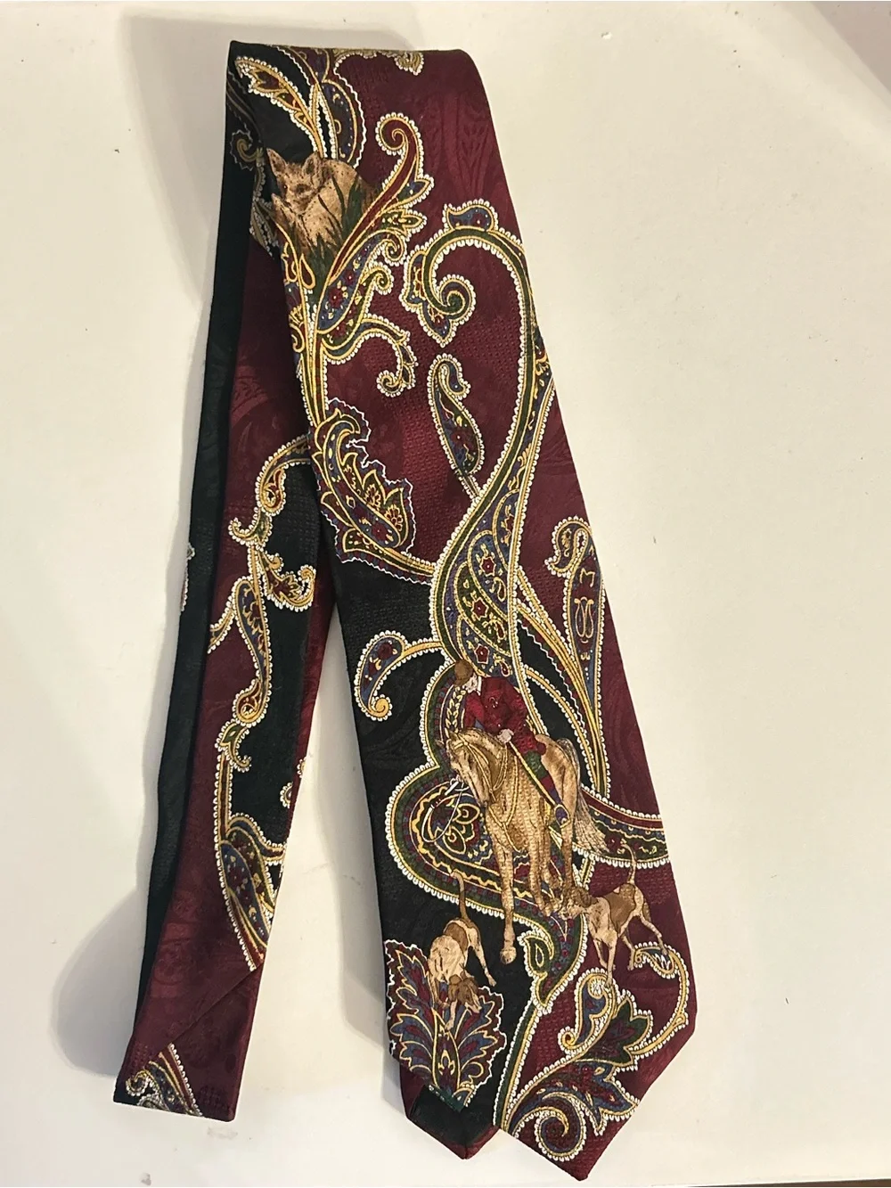 100% Silk Fox Hunt & Paisley Equestrian Tie Burgundy Black Vintage Churchill